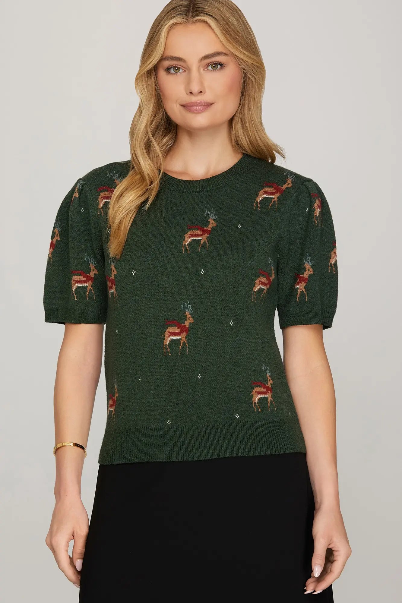 Reindeer Short Puff Sleeve Sweater-Green