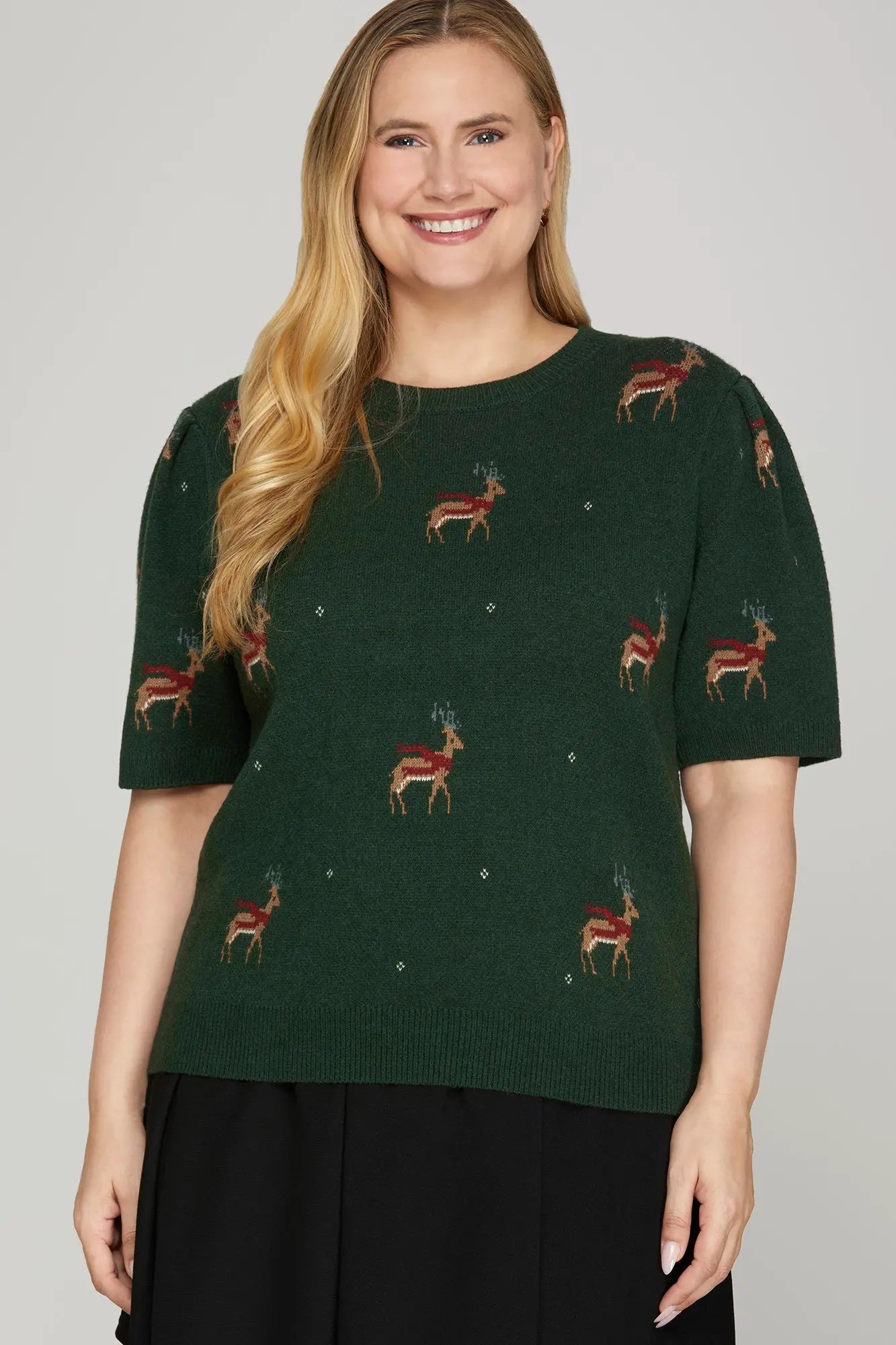 Reindeer Short Puff Sleeve Sweater-Green