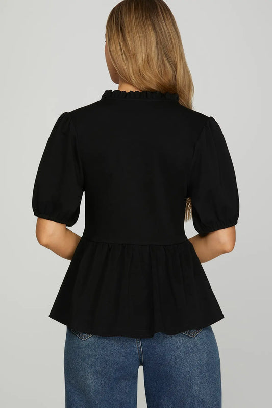 Ruffle V-Neck & Placket Puff Sleeve Top-Black
