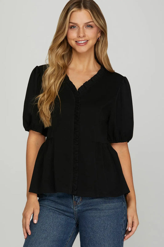 Ruffle V-Neck & Placket Puff Sleeve Top-Black