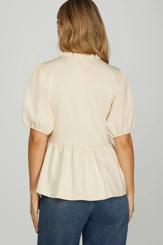 Ruffle V-Neck & Placket Puff Sleeve Top-Ecru
