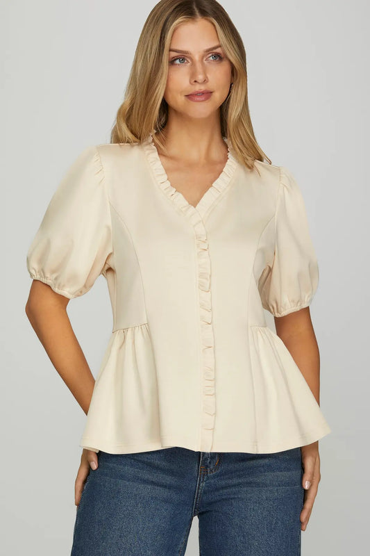 Ruffle V-Neck & Placket Puff Sleeve Top-Ecru