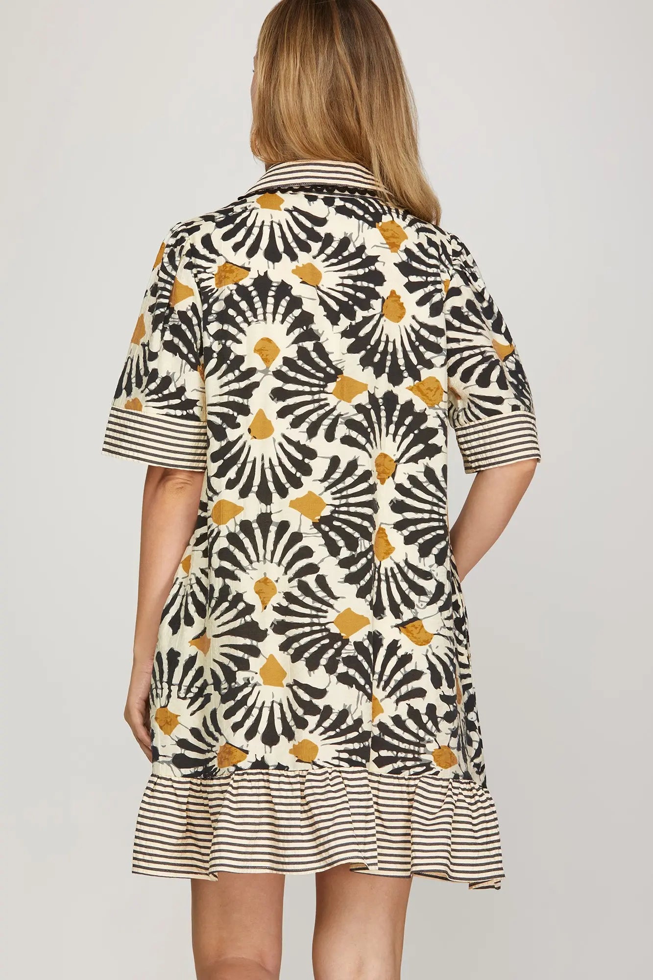 Fan Print & Contrast Stripe Collared Dress