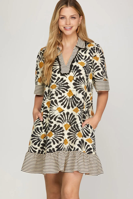 Fan Print & Contrast Stripe Collared Dress