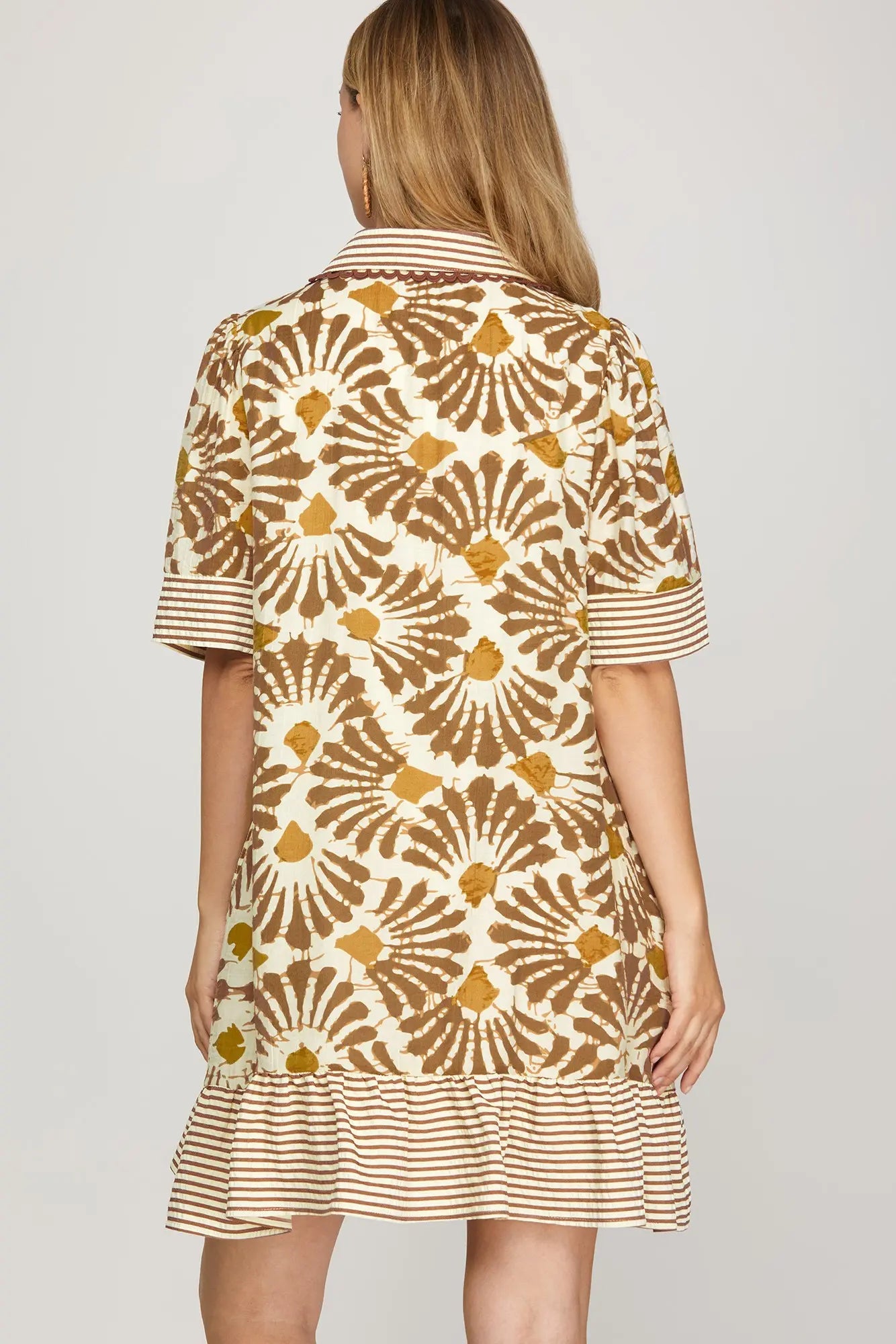 Fan Print & Contrast Stripe Collared Dress
