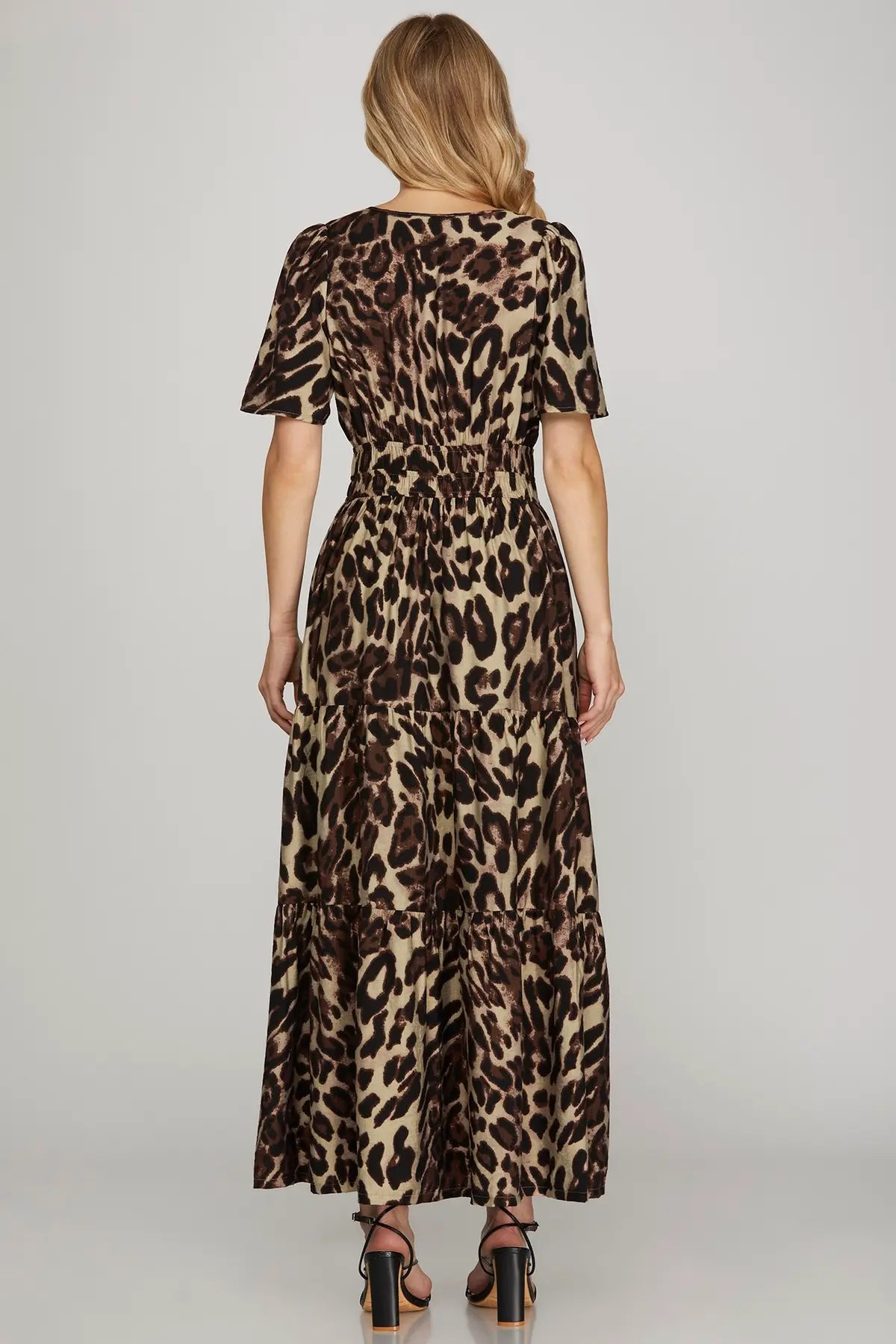 Leopard Gathered Waist Tiered Maxi Dress-Blk