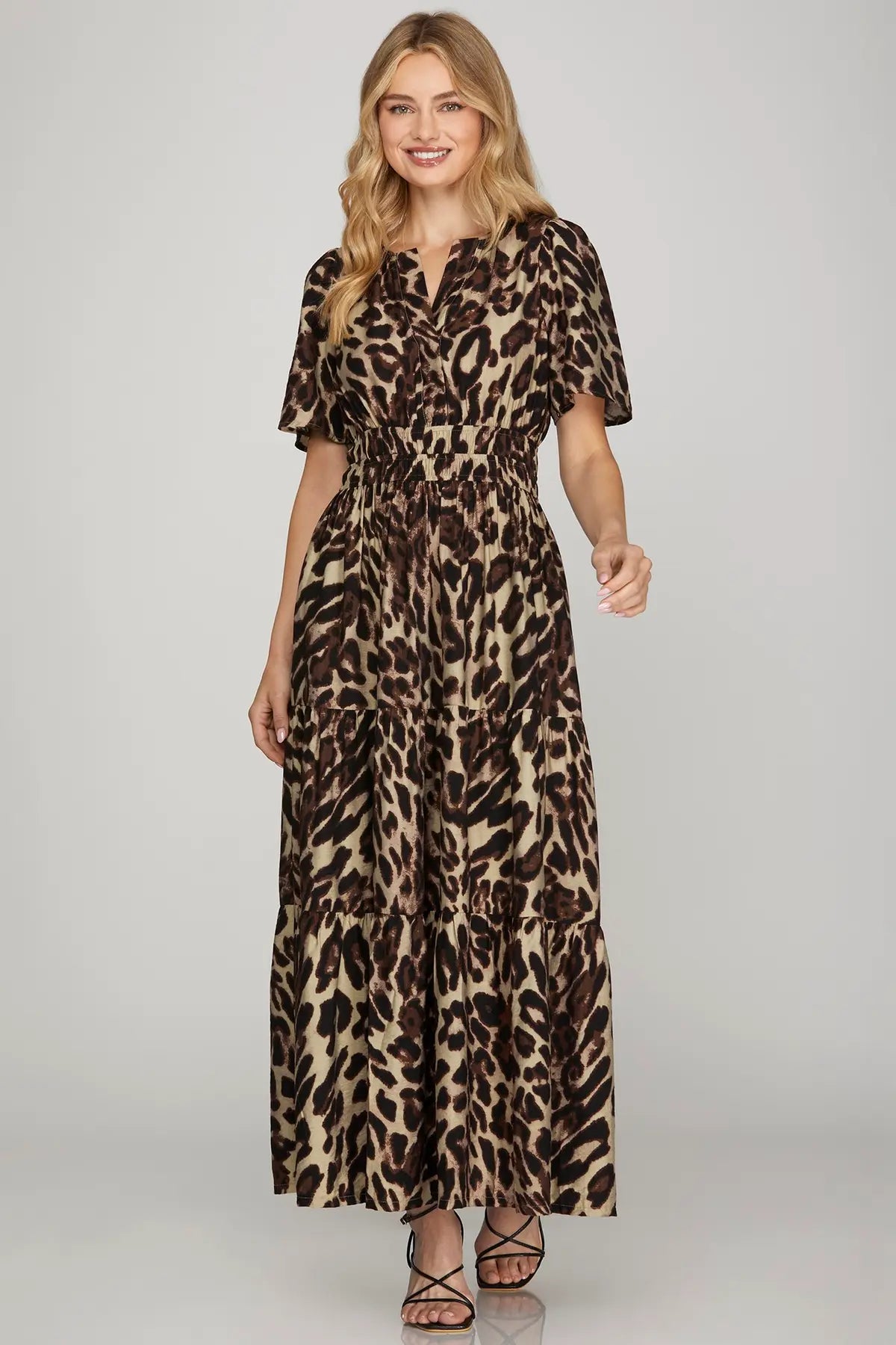 Leopard Gathered Waist Tiered Maxi Dress-Blk