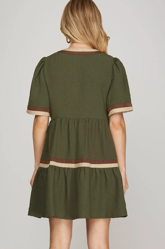 Solid Split Neck Dress w/Multicolor Trim-Olive