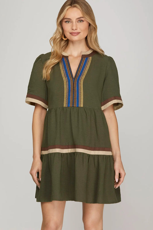 Solid Split Neck Dress w/Multicolor Trim-Olive