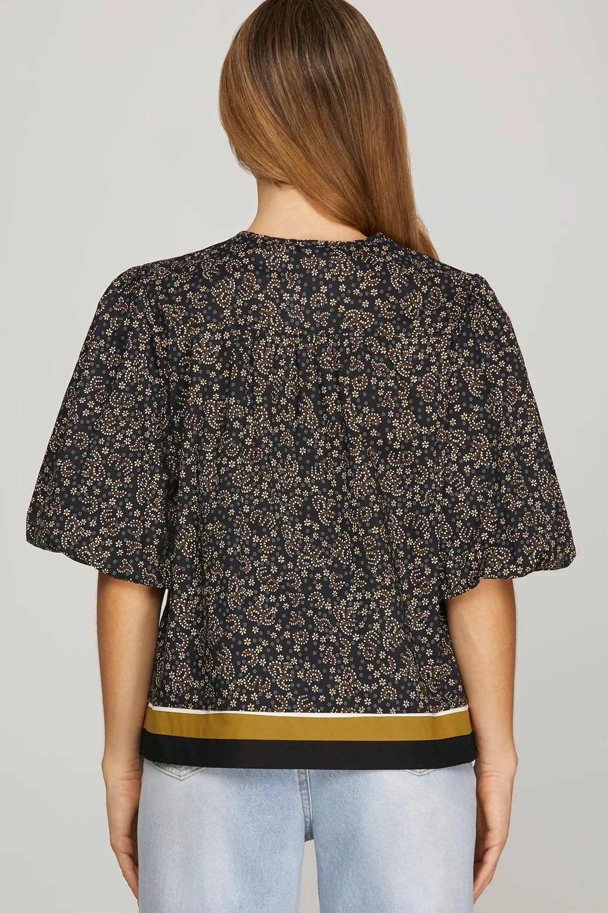 Paisley Puff Sleeve Top w/Color Block Trim-Black