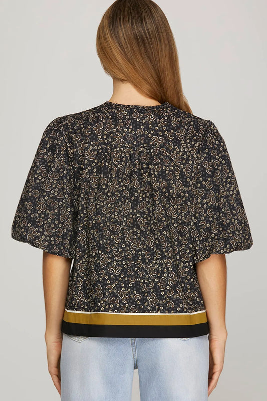 Paisley Puff Sleeve Top w/Color Block Trim-Black