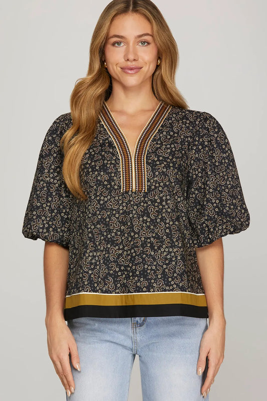 Paisley Puff Sleeve Top w/Color Block Trim-Black