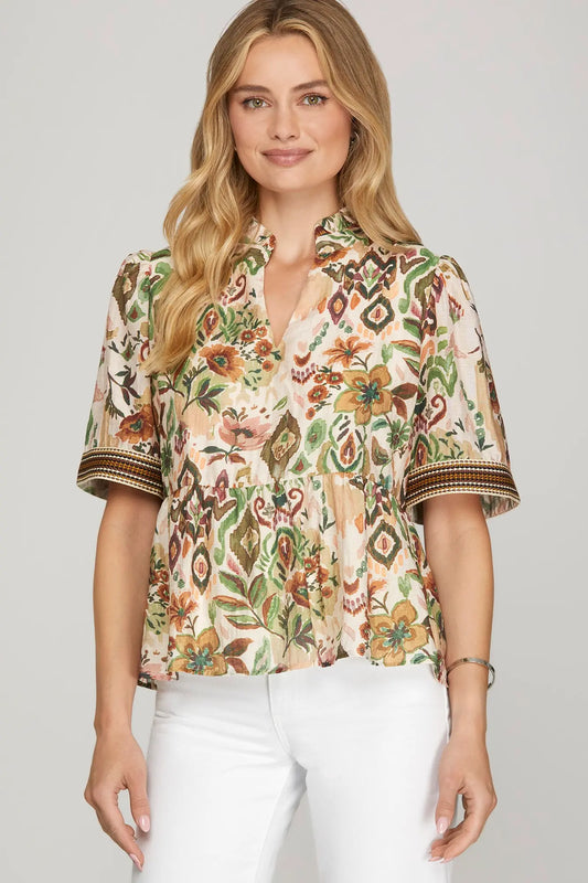 Floral Peplum Banded Sleeve Detail Top-Olive