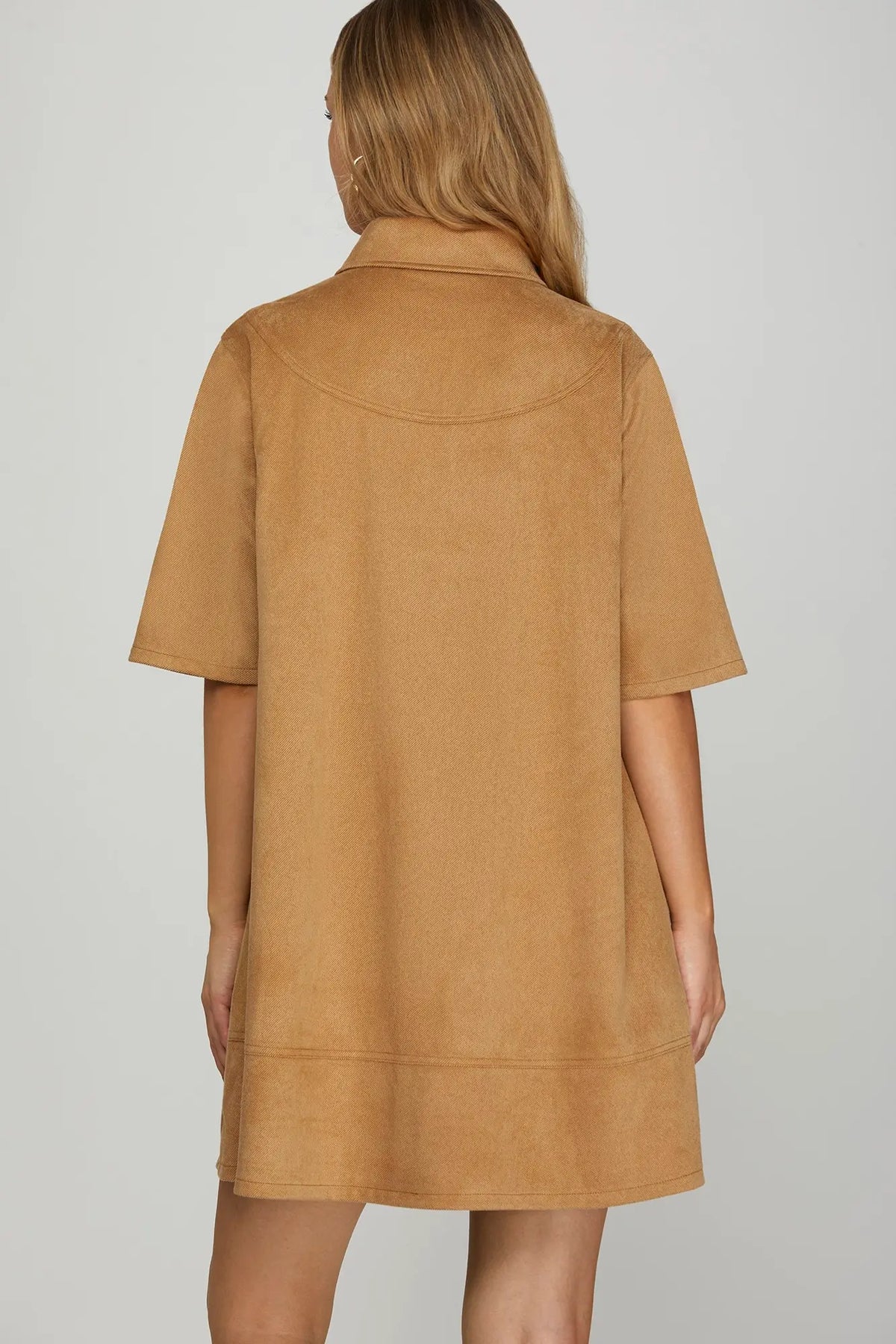 Sueded Collared 1/2 Sleeve Wide Hem Dress
