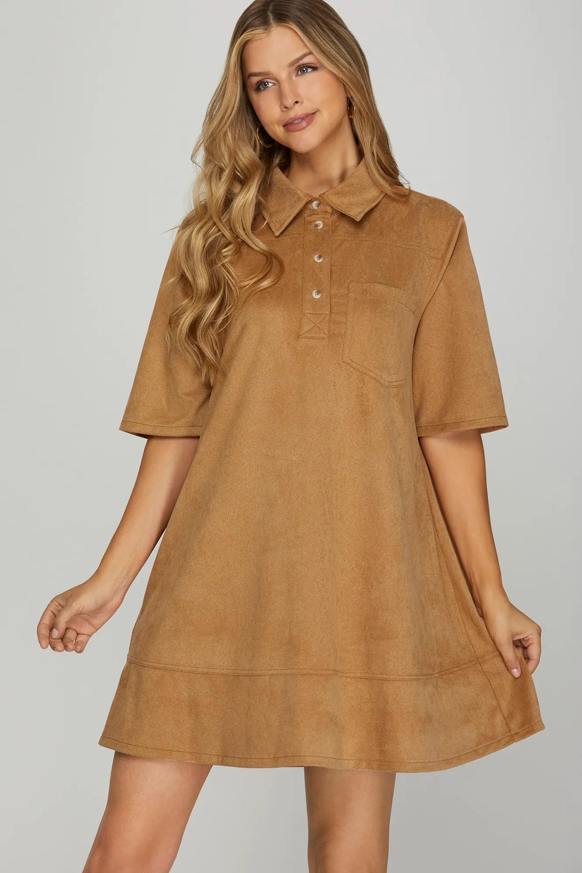 Sueded Collared 1/2 Sleeve Wide Hem Dress