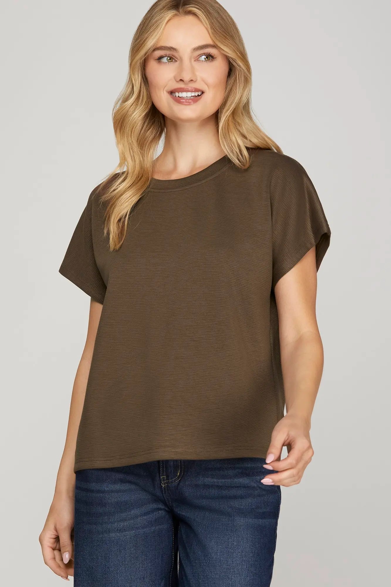 Solid Round Neck Drop Sleeve Knit Top