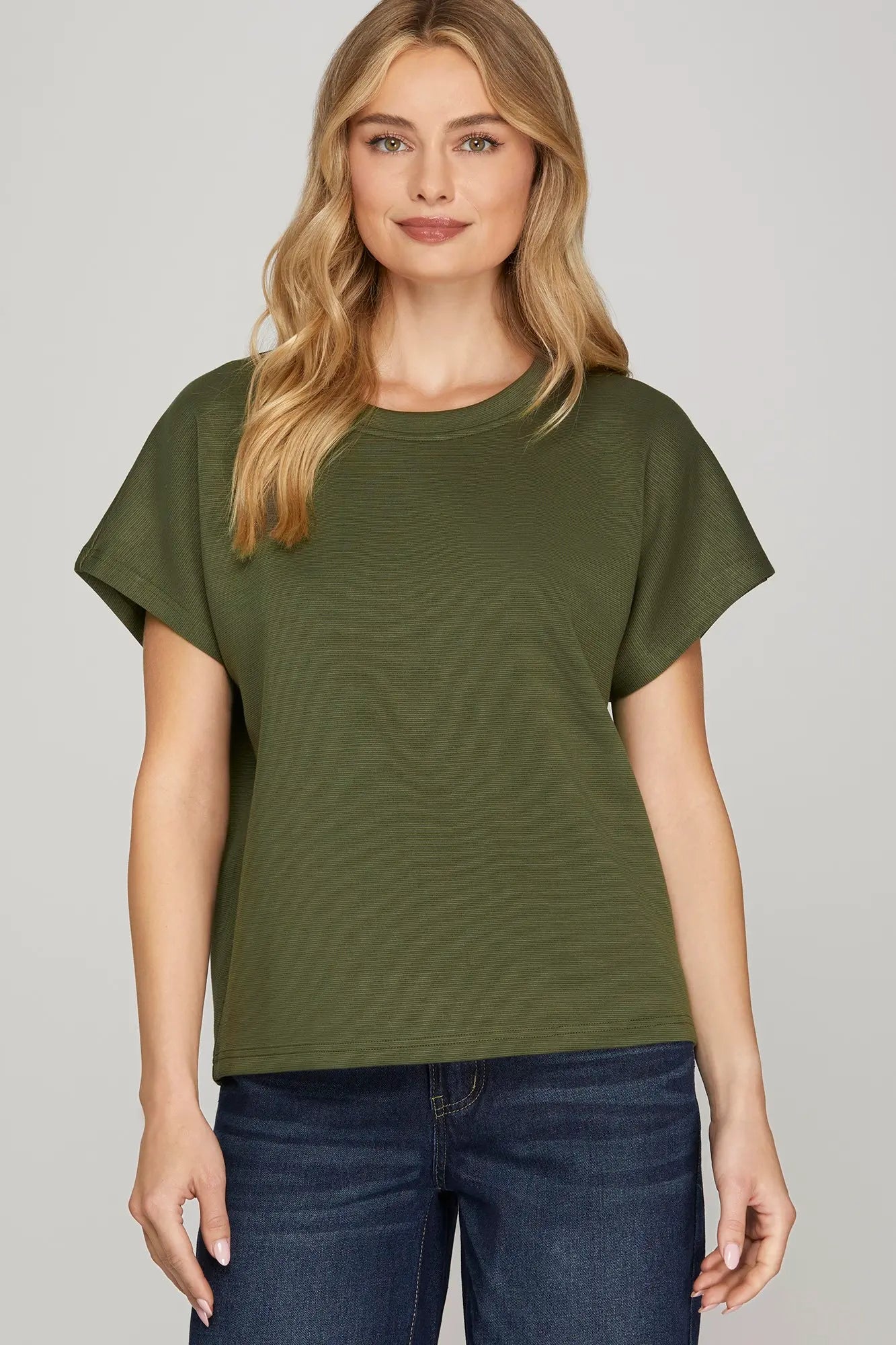 Solid Round Neck Drop Sleeve Knit Top