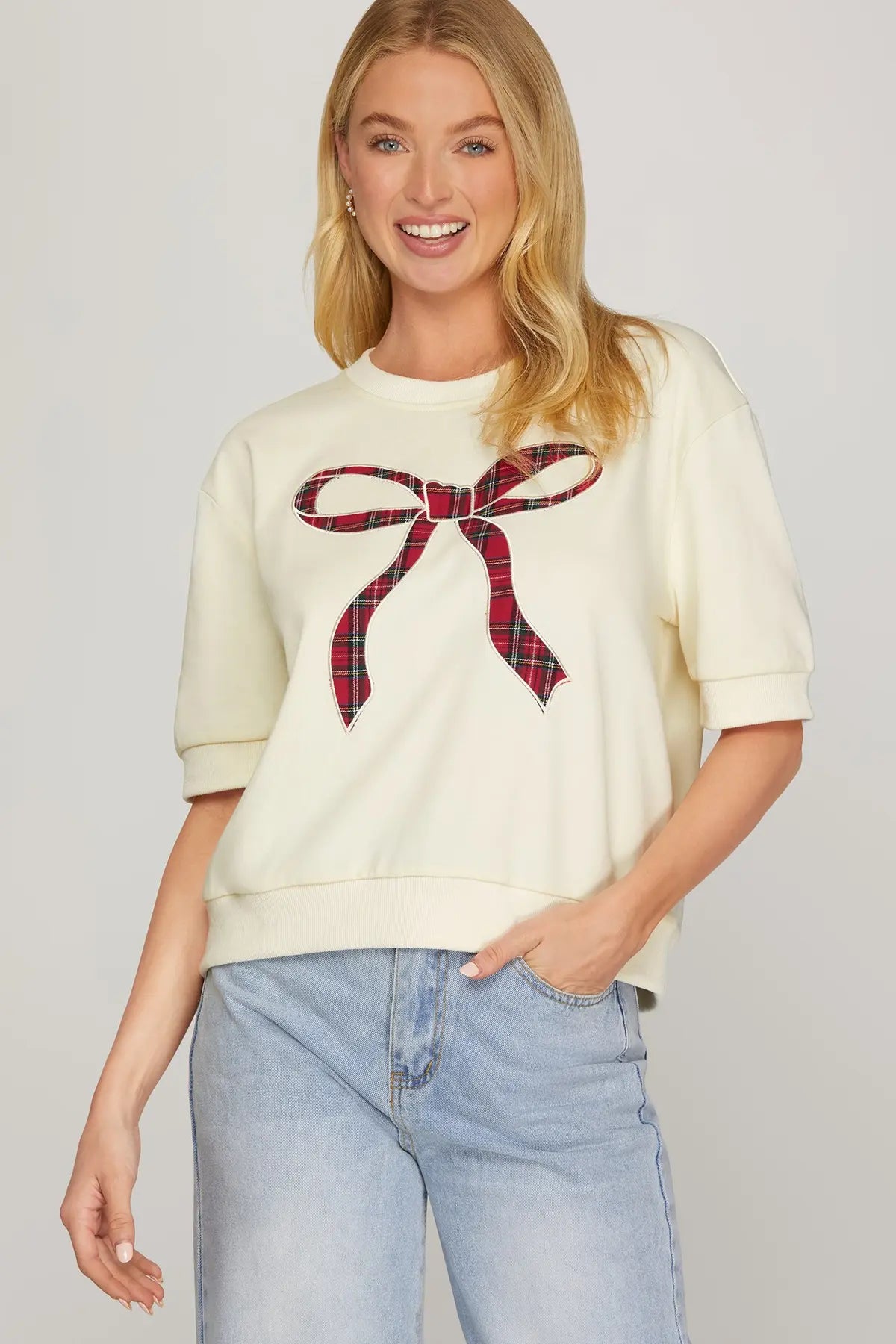 Plaid Center Bow Knit Top