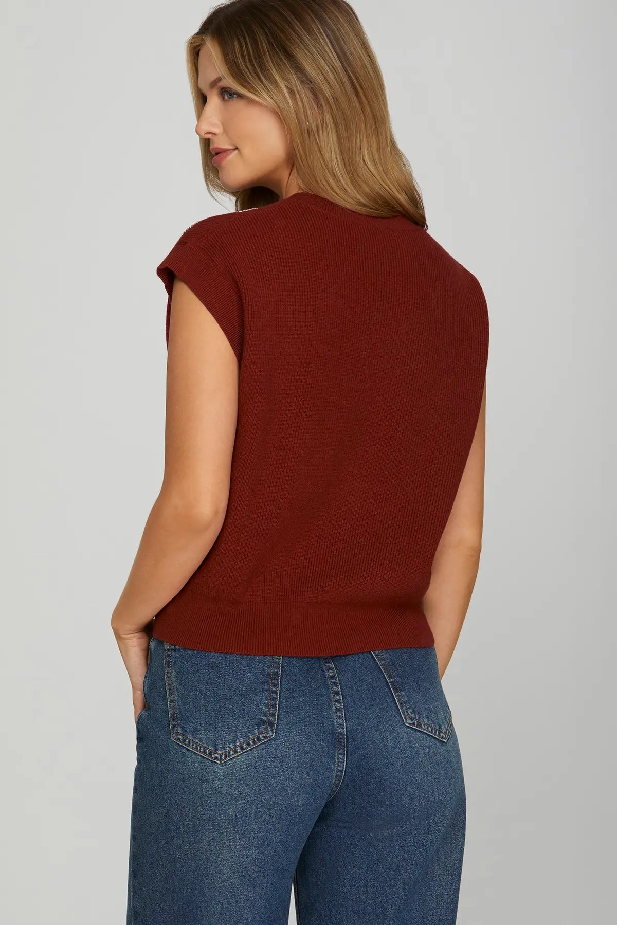 Sequin Bows Knit Short Sleeve Sweater-Wine