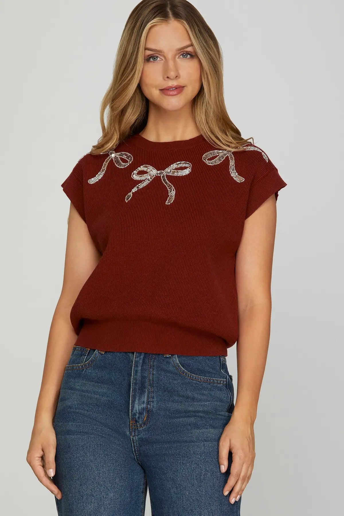 Sequin Bows Knit Short Sleeve Sweater-Wine