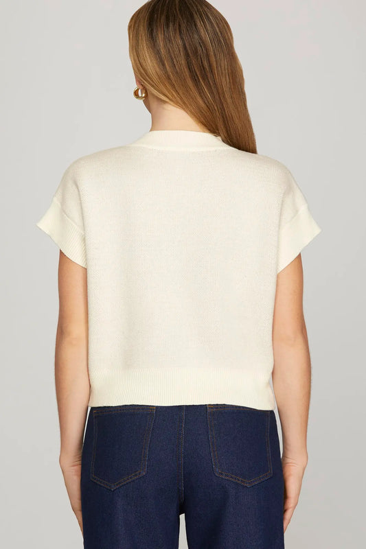 Two Tone Pumpkin Short Drop Sleeve Sweater-Cream