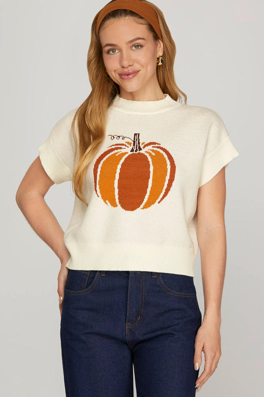 Two Tone Pumpkin Short Drop Sleeve Sweater-Cream