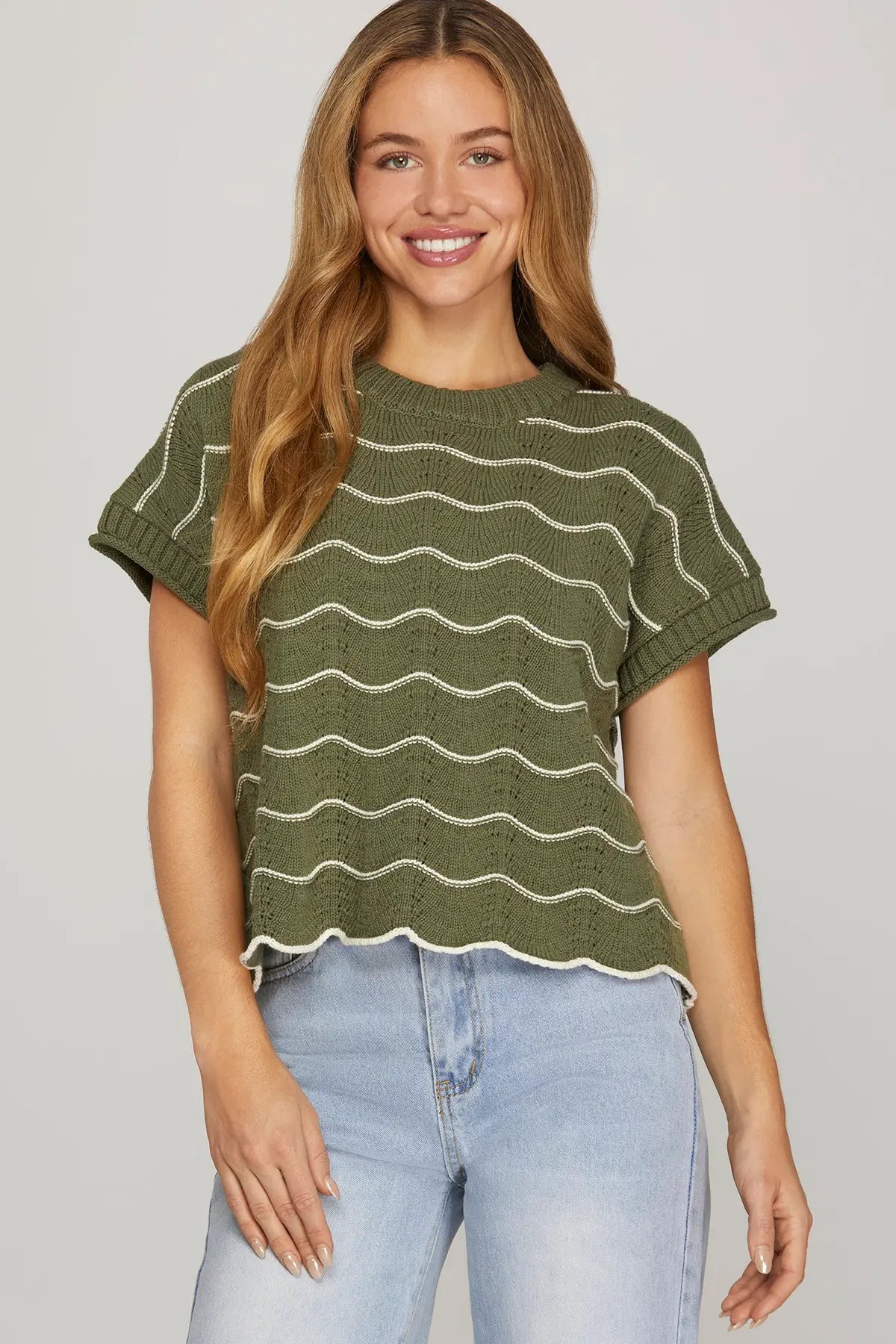 Scallop Striped Drop Short Sleeve Sweater