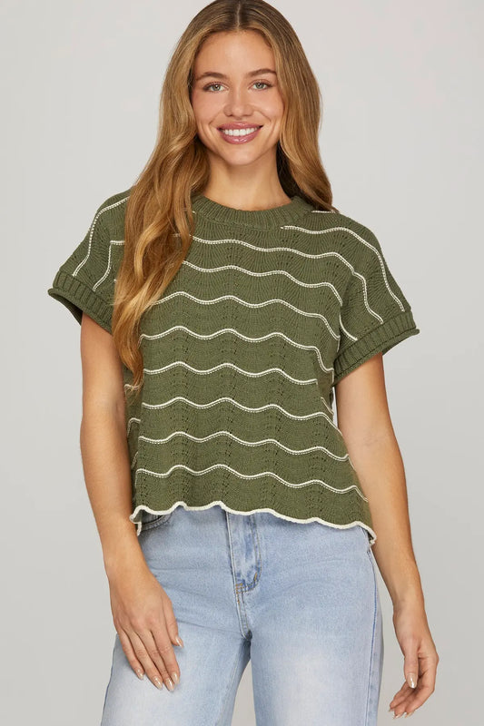 Scallop Striped Drop Short Sleeve Sweater