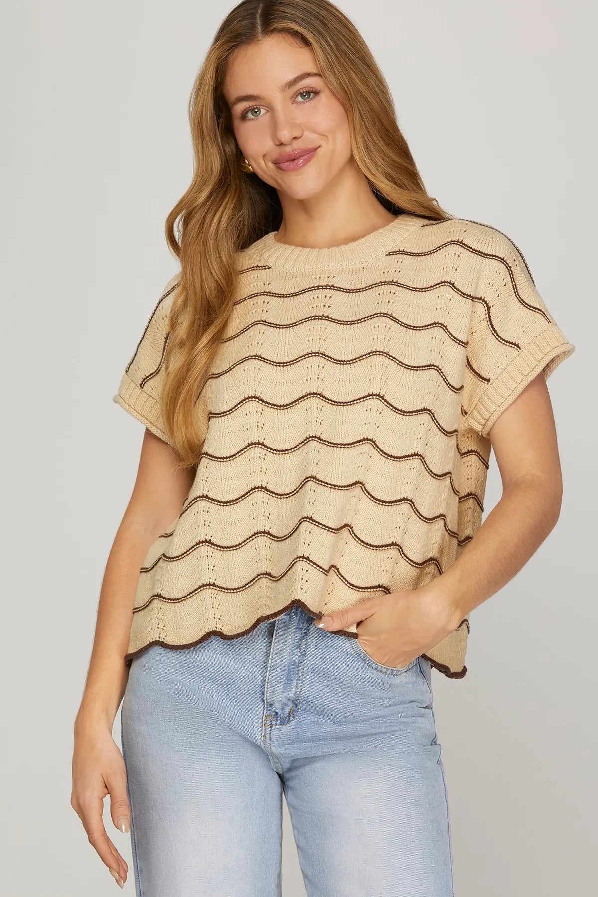 Scallop Striped Drop Short Sleeve Sweater