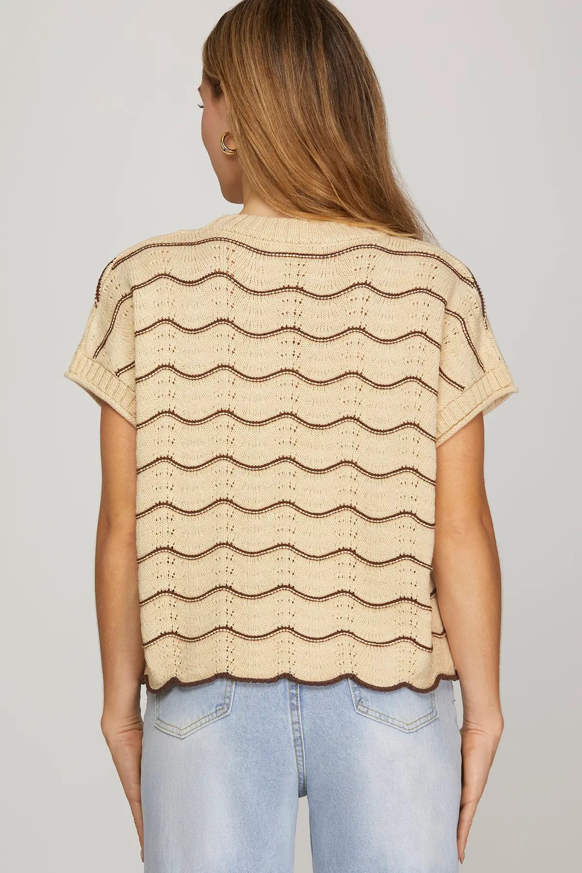 Scallop Striped Drop Short Sleeve Sweater
