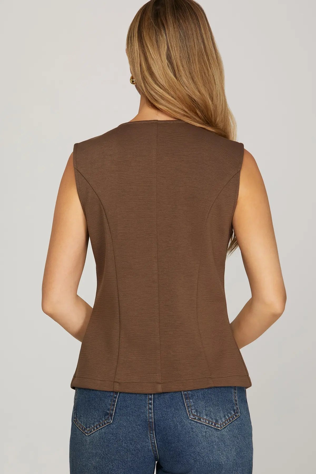 Sleeveless Gold Button Down Knit Vest-Brown