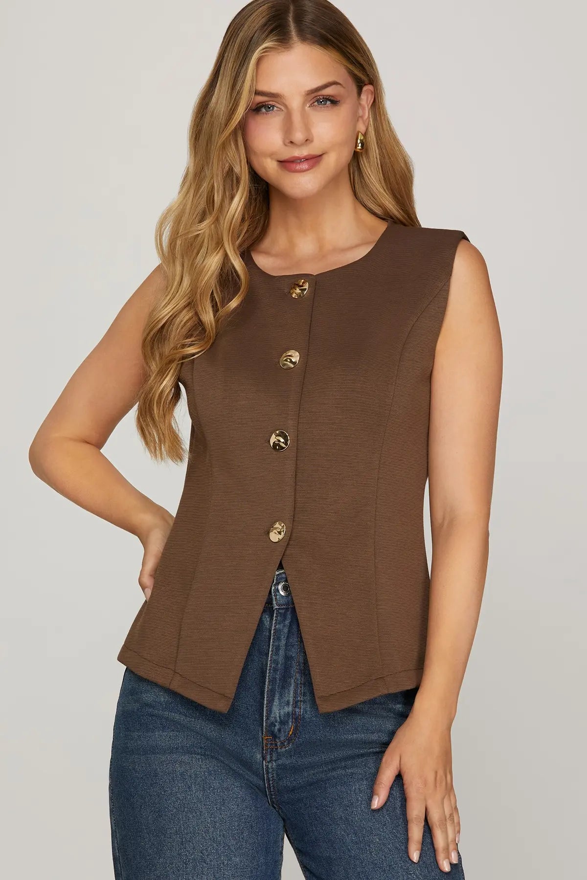 Sleeveless Gold Button Down Knit Vest-Brown