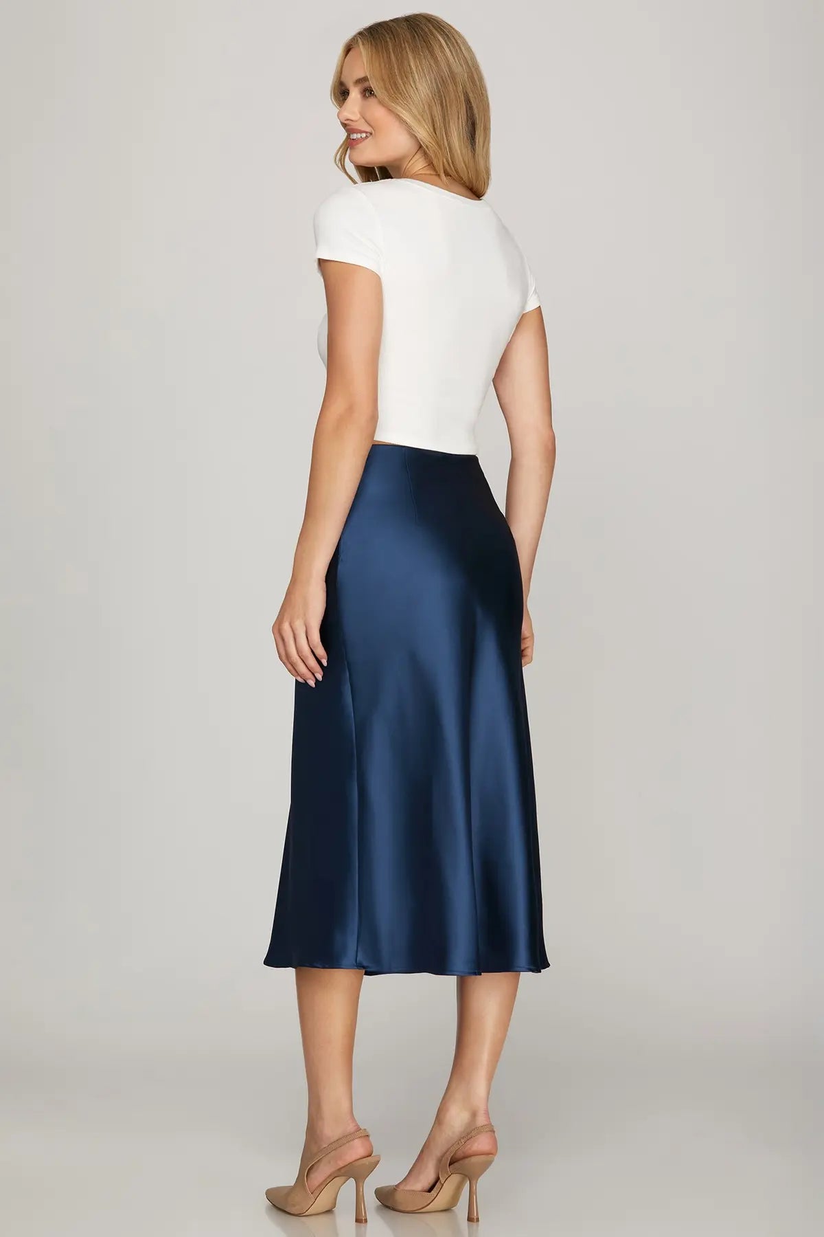 Satin Biased Cut Midi Skirt-Navy