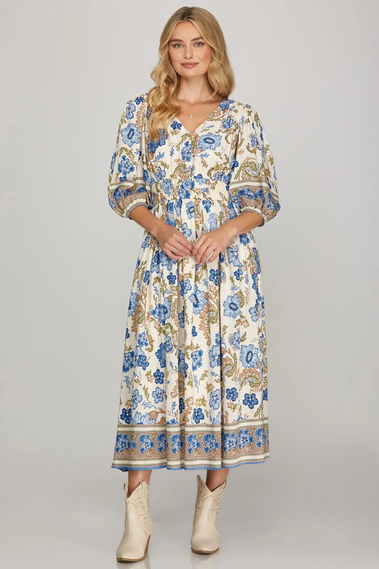 Floral Border Print 3/4 Sleeve Midi Dress-Blue