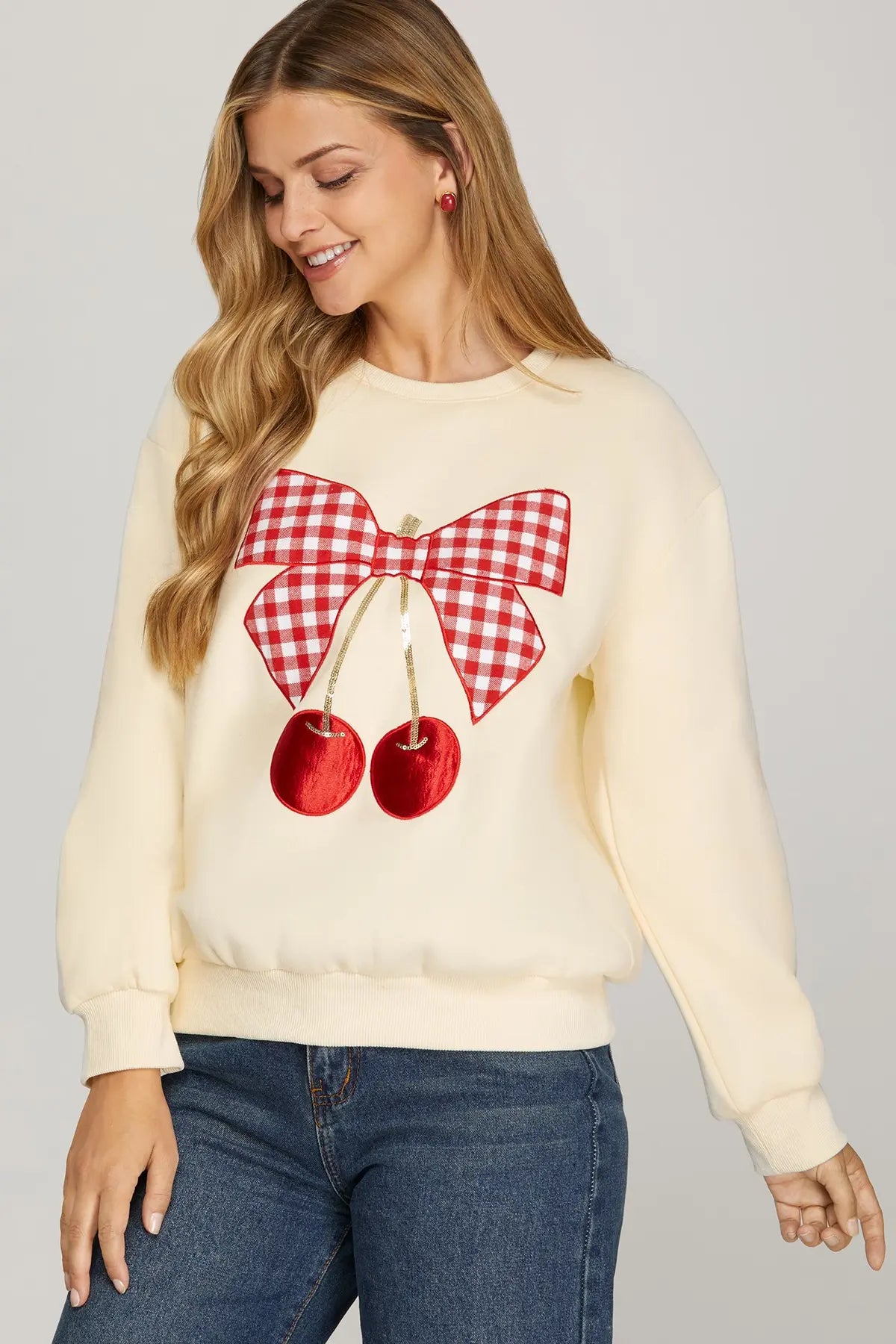 Gingham Cherry Bow Sweatshirt