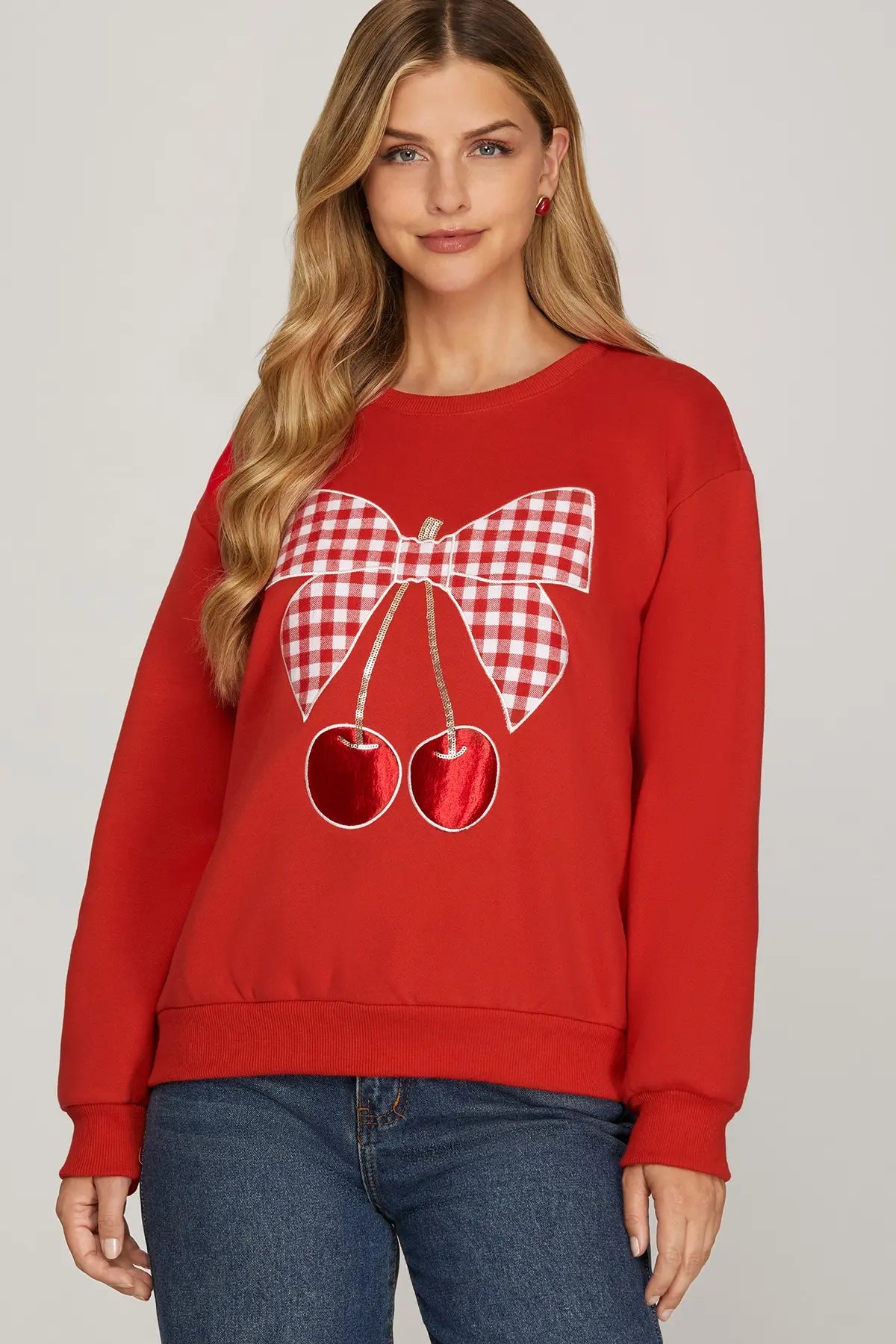 Gingham Cherry Bow Sweatshirt