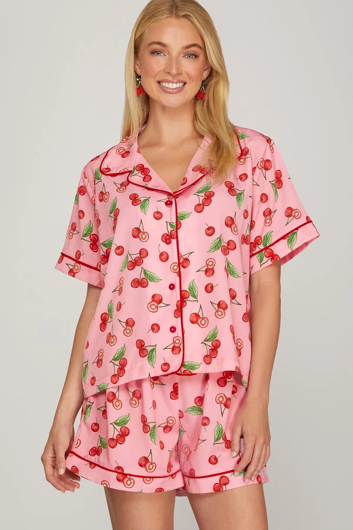 Cherry Print Shorts & Top Pajama Set-Pink