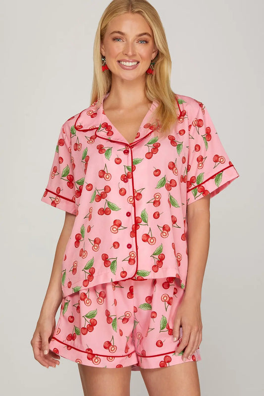 Cherry Print Shorts & Top Pajama Set-Pink