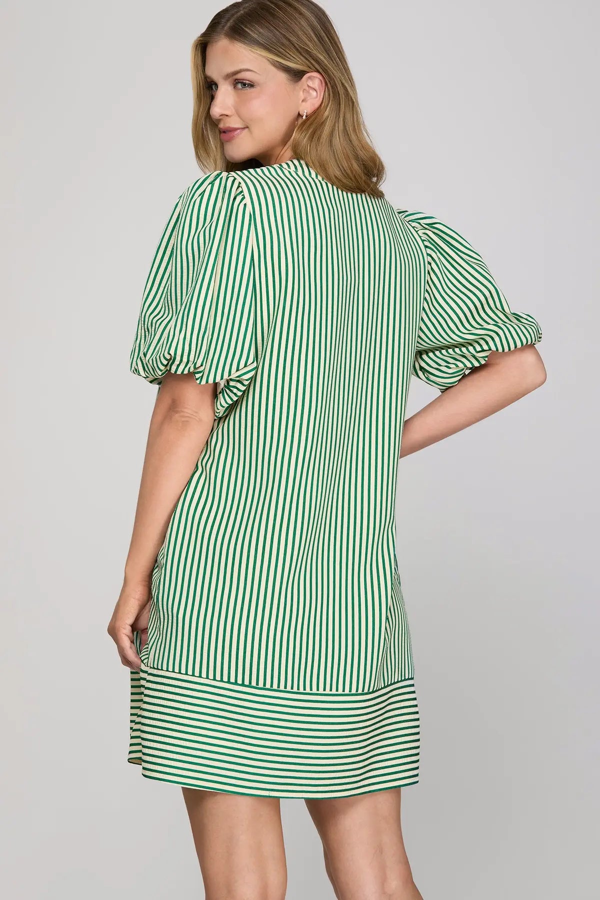 Striped Pintuck Tie Neck Puff Sleeve Dress-Green
