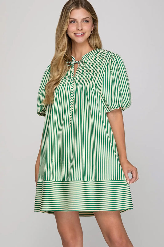 Striped Pintuck Tie Neck Puff Sleeve Dress-Green