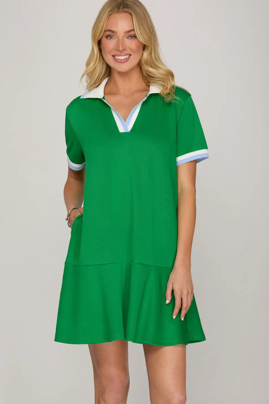 Collared Stripe Trim Tulip Hem Athleisure Dress