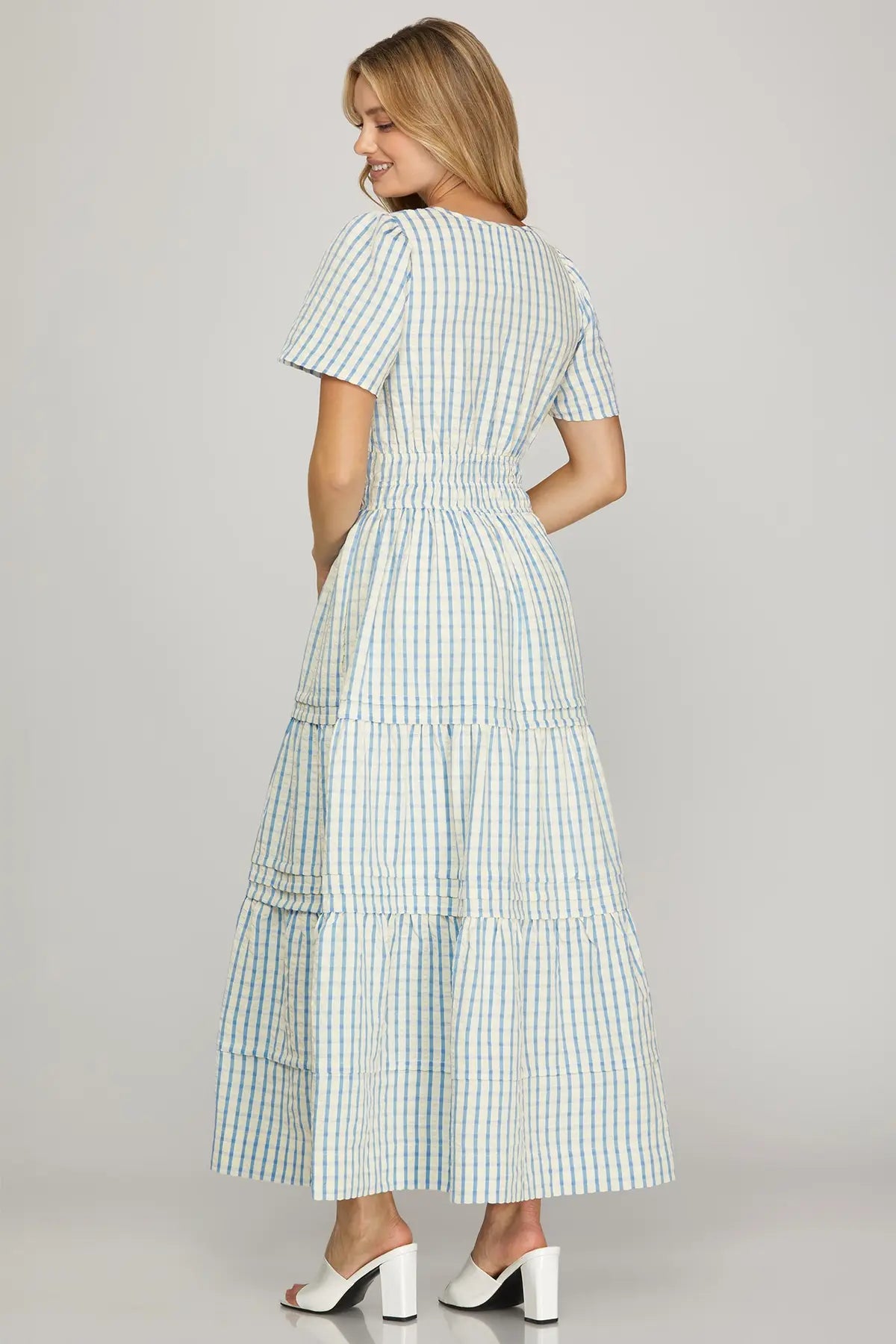 Plaid Pintuck Detail Short Sleeve Maxi Dress