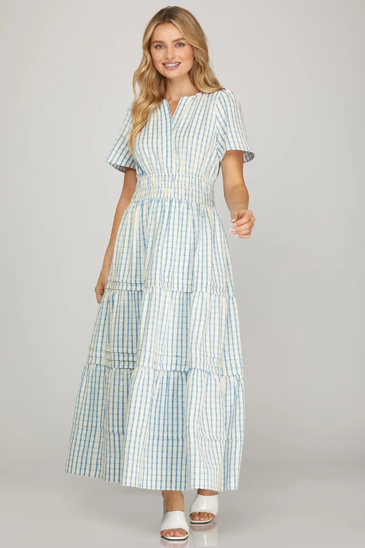 Plaid Pintuck Detail Short Sleeve Maxi Dress