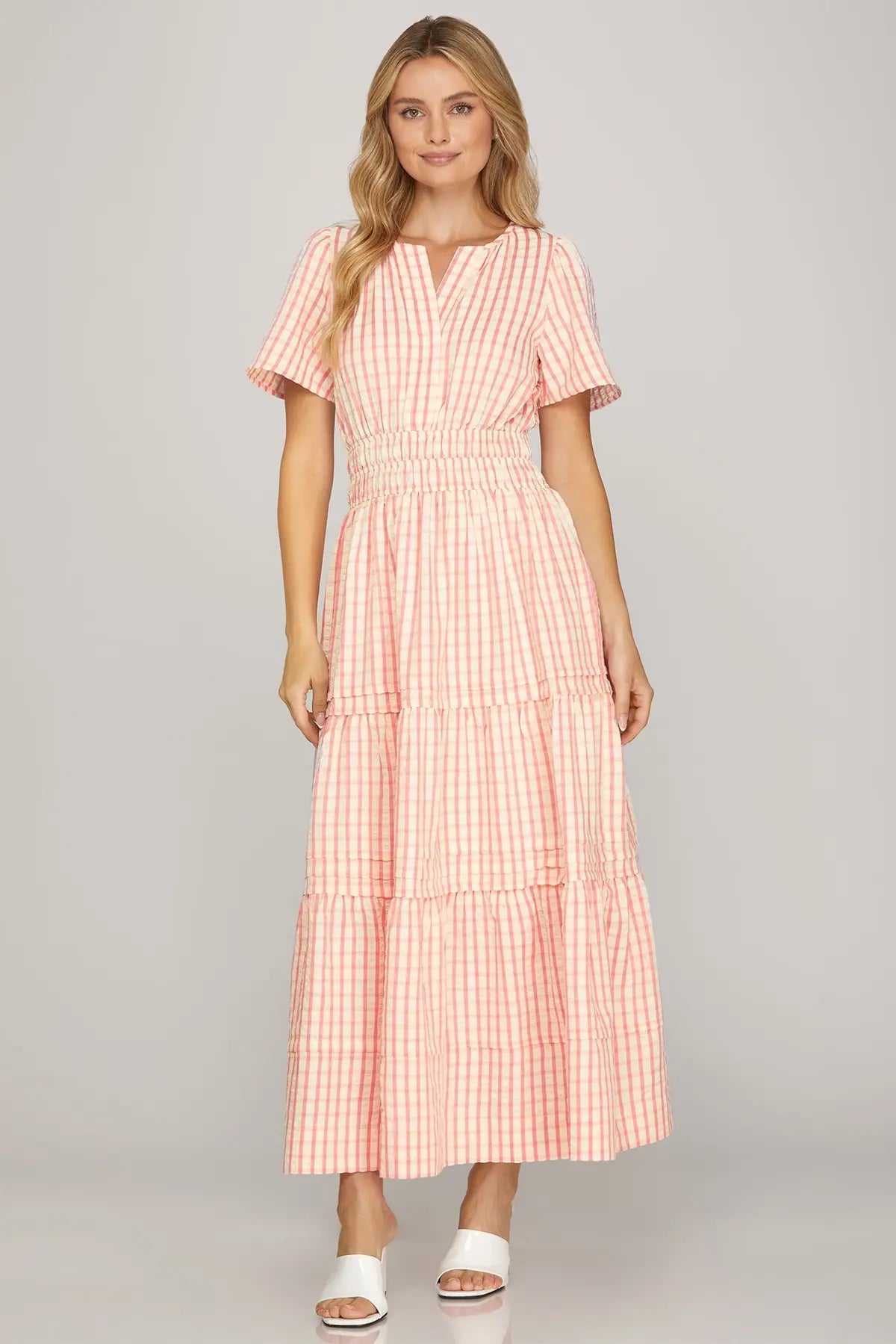 Plaid Pintuck Detail Short Sleeve Maxi Dress