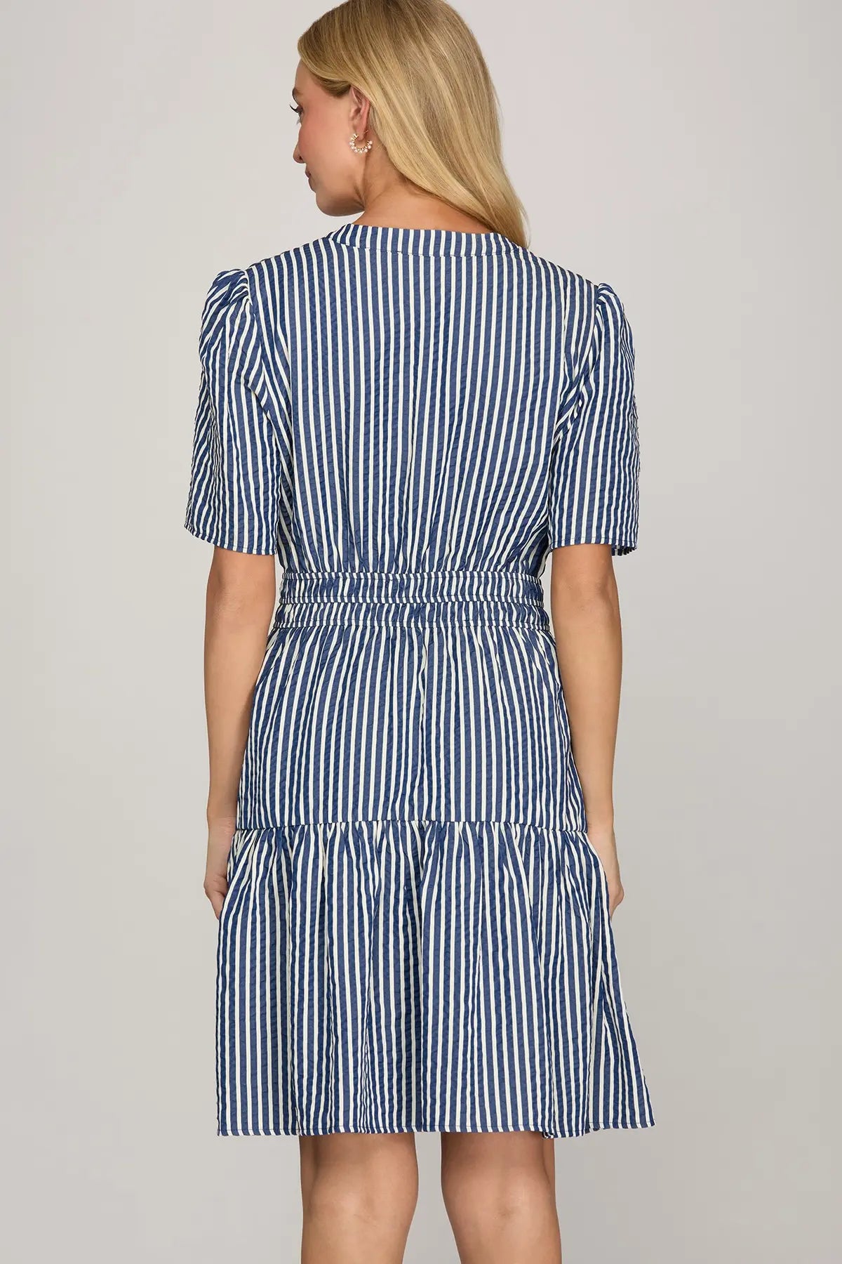 Striped V-Neck Elastic Waist Tiered Dress-Navy