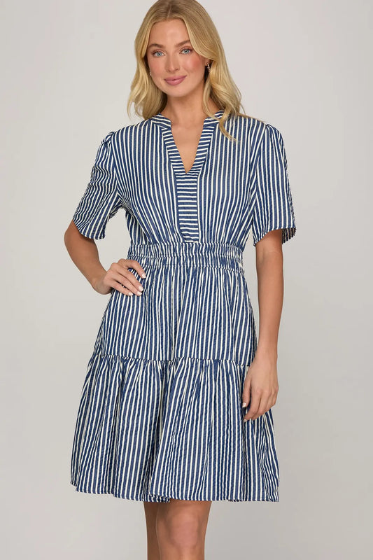 Striped V-Neck Elastic Waist Tiered Dress-Navy