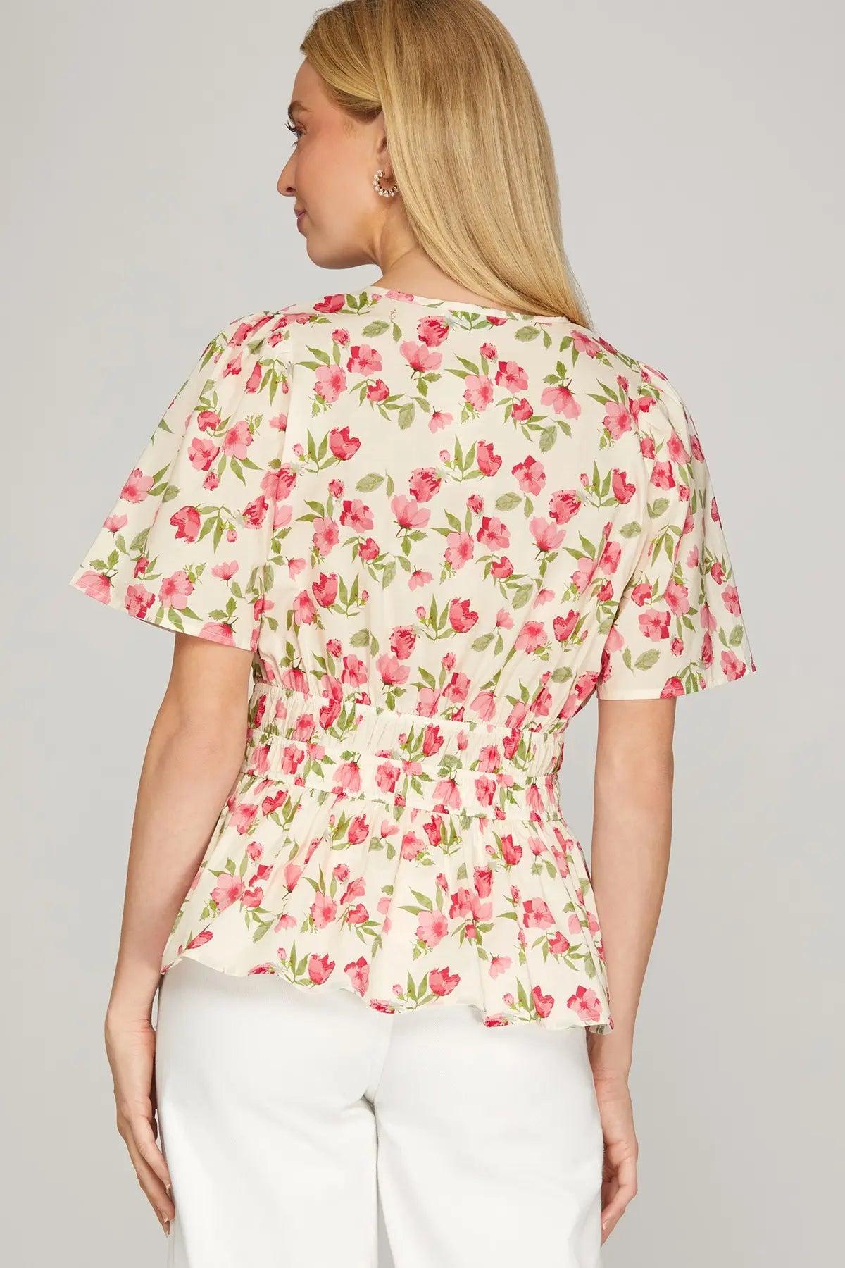 Tulip Print Split Neck Gathered Waist Top-Red