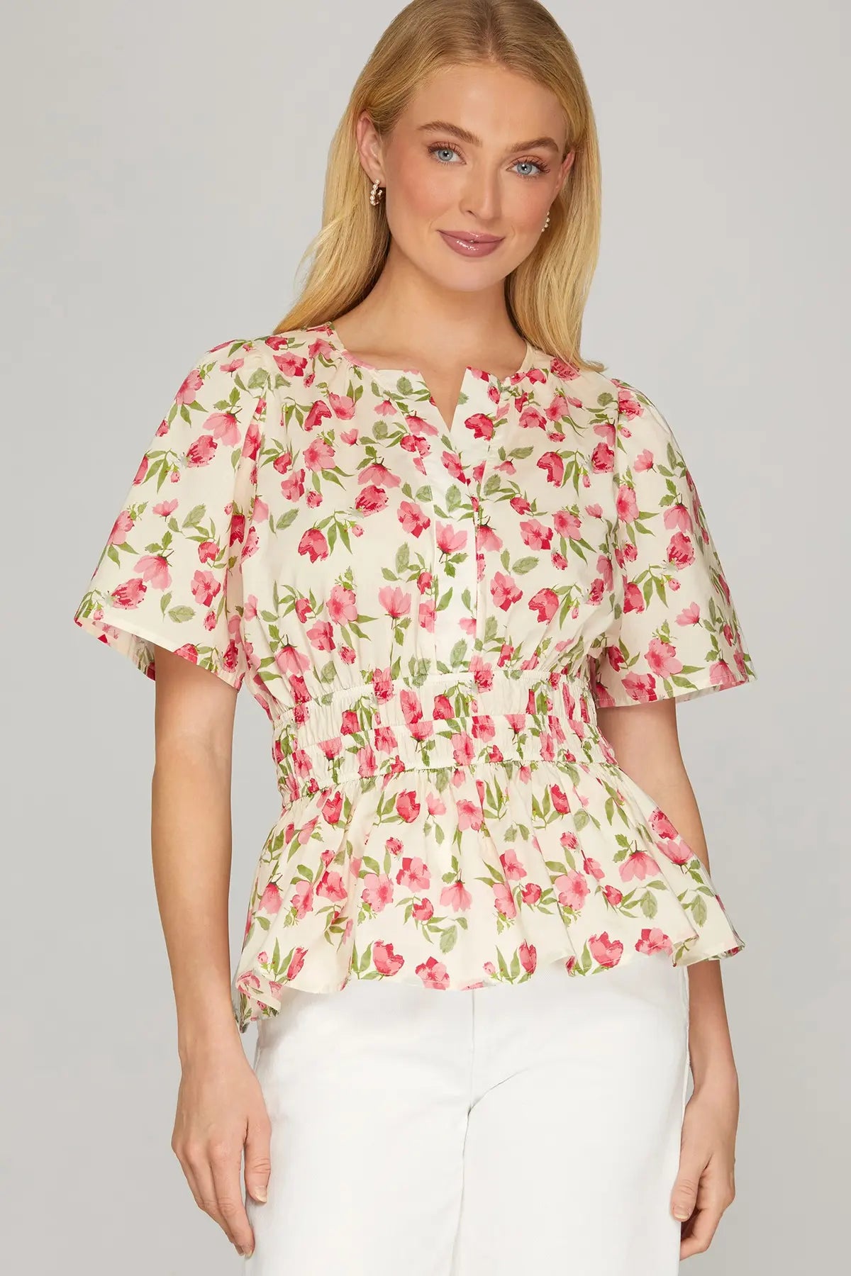 Tulip Print Split Neck Gathered Waist Top-Red