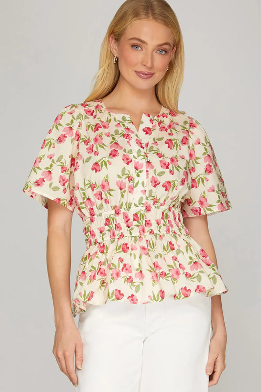Tulip Print Split Neck Gathered Waist Top-Red
