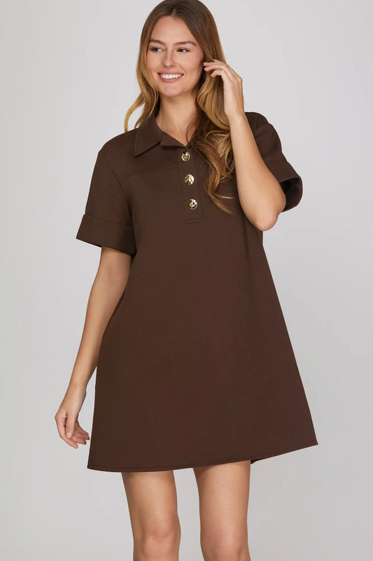 Solid Knit Collared Gold Button Shift Dress